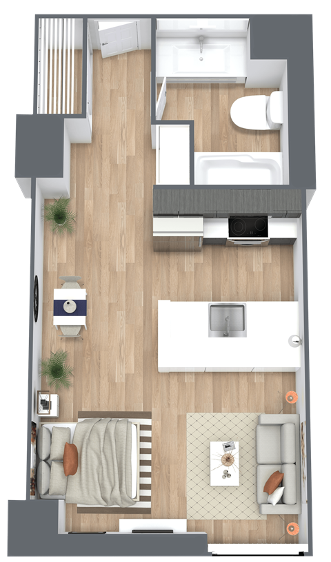 Floor plan for studio, 1 bath, 390 sqft