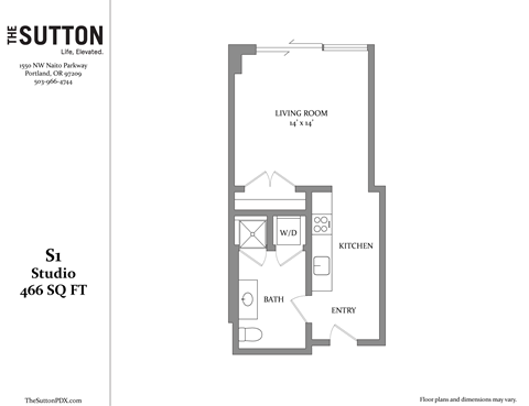 Floor plan for studio, 1 bath, 466 sqft