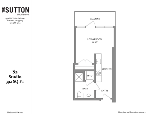 Floor plan for studio, 1 bath, 392 sqft