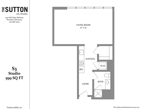 Floor plan for studio, 1 bath, 599 sqft
