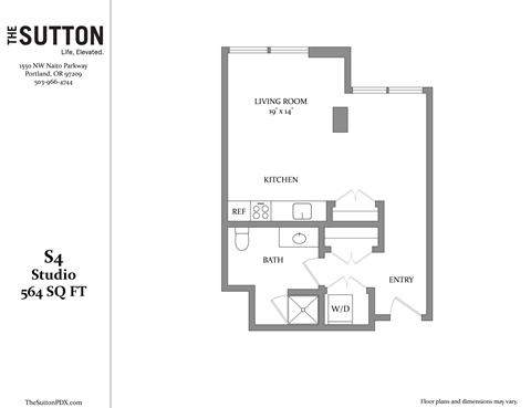 Floor plan for studio, 1 bath, 564 sqft