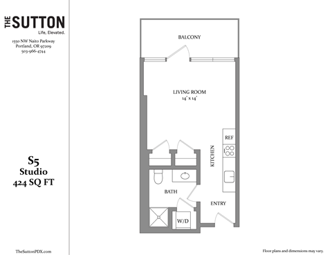 Floor plan for studio, 1 bath, 424 sqft