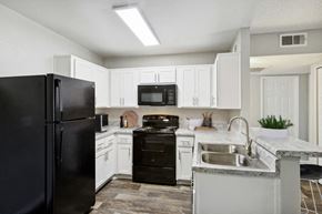 Tucson apartment for rent - a kitchen with black appliances and white cabinets