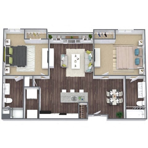 Floor plan for 2 beds, 2 baths, 966 sqft