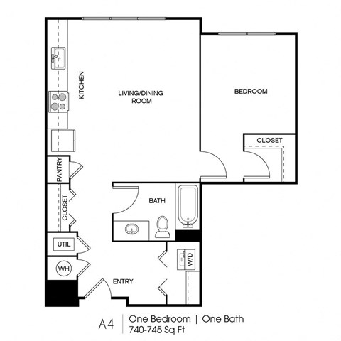 Floor plan for 1 bed, 1 bath, 740 sqft