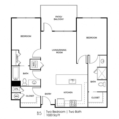 Floor plan for 2 beds, 2 baths, 1020 sqft