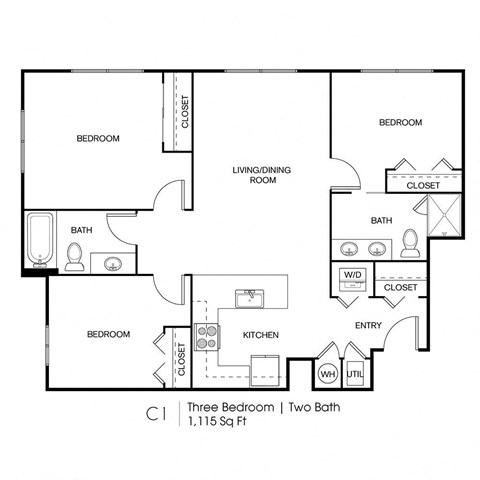 Floor plan for 3 beds, 2 baths, 1115 sqft