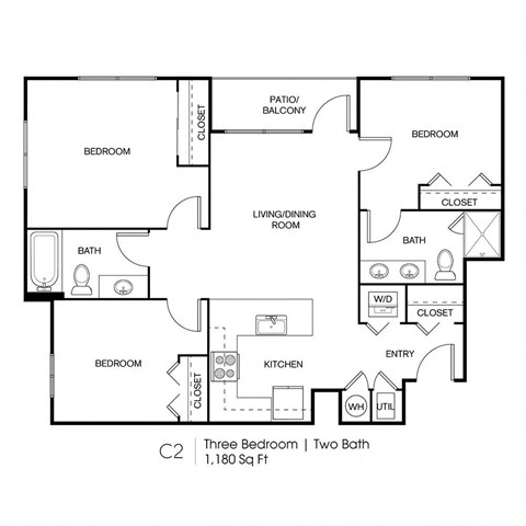 Floor plan for 3 beds, 2 baths, 1180 sqft