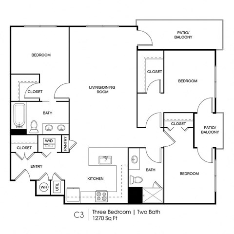 Floor plan for 3 beds, 2 baths, 1270 sqft