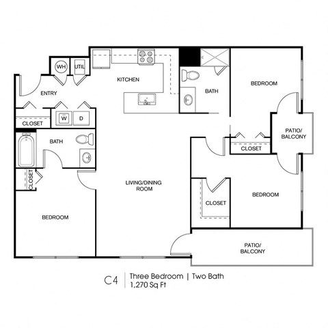 Floor plan for 3 beds, 2 baths, 1270 sqft