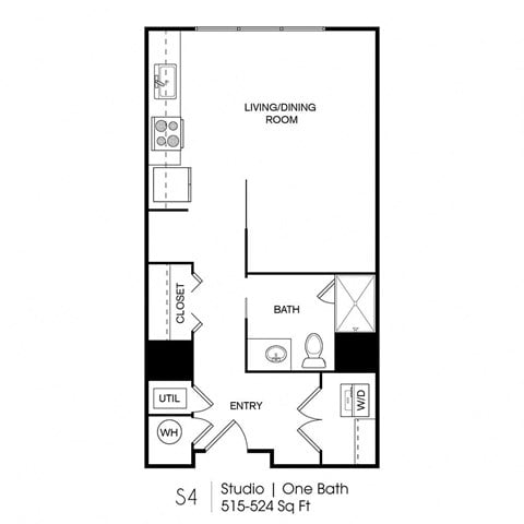 Floor plan for studio, 1 bath, 524 sqft