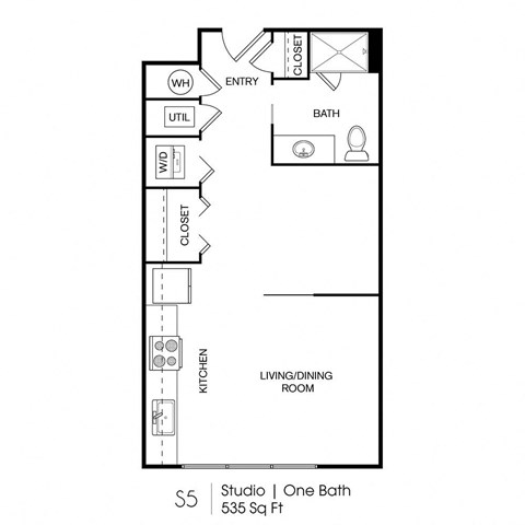 Floor plan for studio, 1 bath, 535 sqft