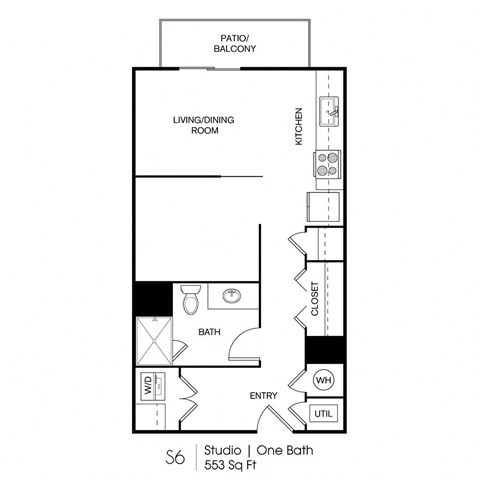Floor plan for studio, 1 bath, 553 sqft
