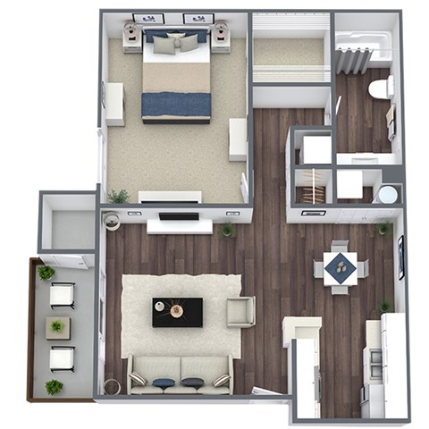 Floor plan for 1 bed, 1 bath, 735 sqft
