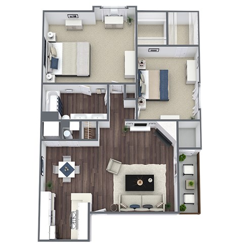 Floor plan for 2 beds, 1 bath, 975 sqft