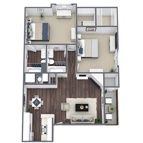 Floor plan for 2 beds, 2 baths, 975 sqft