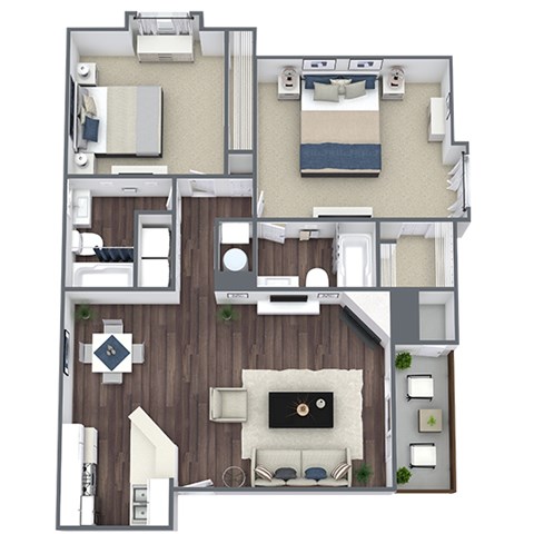 Floor plan for 2 beds, 2 baths, 1099 sqft