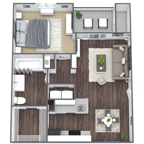 Floor plan for 1 bed, 1 bath, 727 sqft