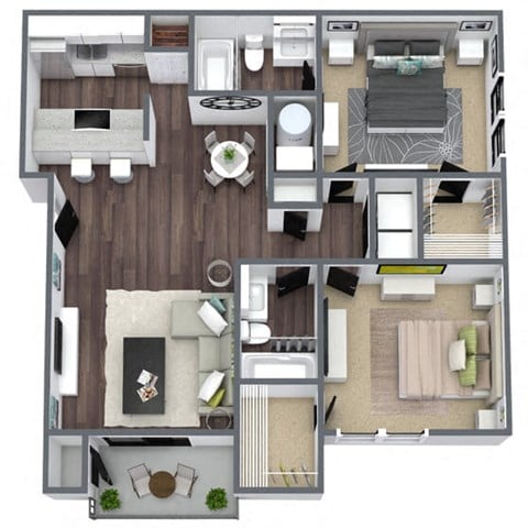 Floor plan for 2 beds, 2 baths, 941 sqft
