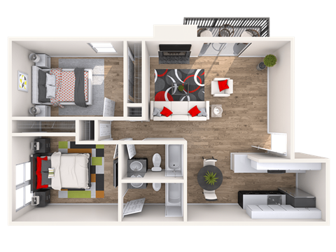 Floor plan for 2 beds, 2 baths, 1000 sqft