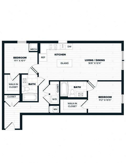 Floor plan for 2 beds, 2 baths, 999 sqft
