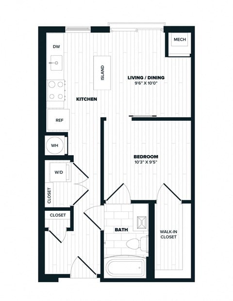 Floor plan for 1 bed, 1 bath, 539 sqft