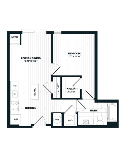 Floor plan for 1 bed, 1 bath, 614 sqft