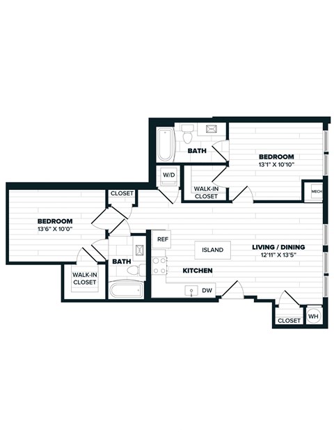 Floor plan for 2 beds, 2 baths, 1128 sqft