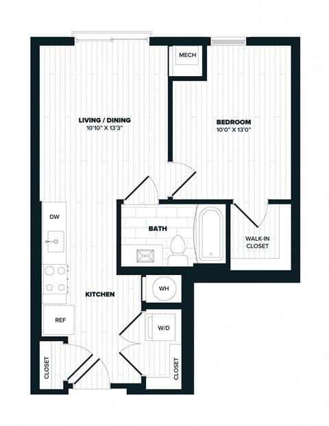 Floor plan for 1 bed, 1 bath, 564 sqft
