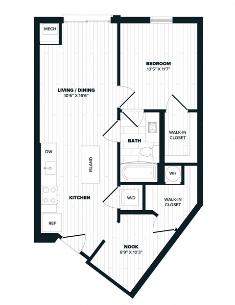 Floor plan for 1 bed, 1 bath, 705 sqft