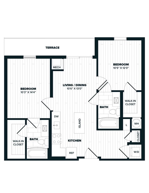 Floor plan for 2 beds, 2 baths, 850 sqft
