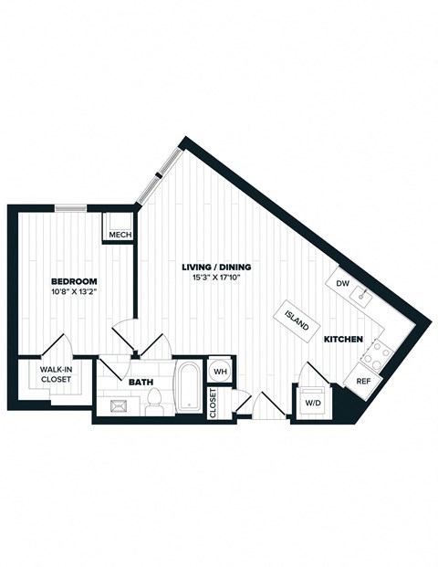 Floor plan for 1 bed, 1 bath, 692 sqft