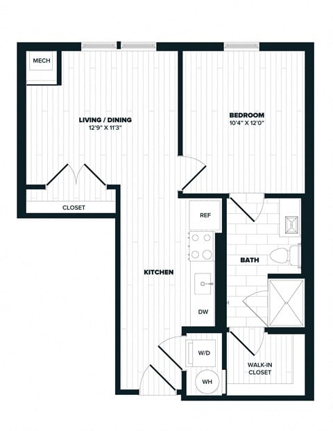 Floor plan for 1 bed, 1 bath, 604 sqft