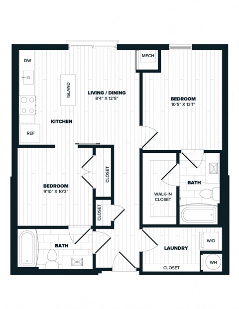 Floor plan for 2 beds, 2 baths, 823 sqft