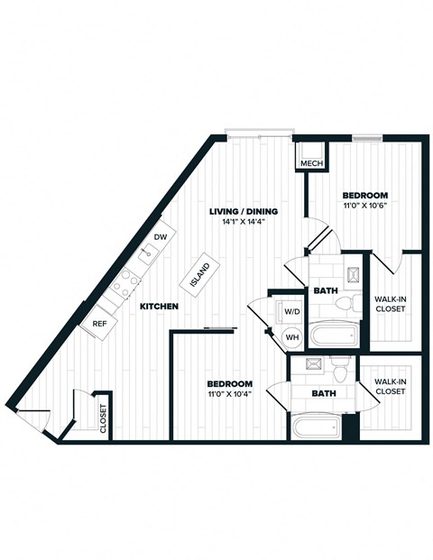 Floor plan for 2 beds, 2 baths, 943 sqft