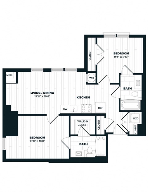 Floor plan for 2 beds, 2 baths, 840 sqft