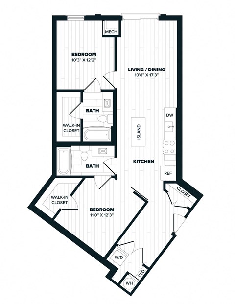 Floor plan for 2 beds, 2 baths, 975 sqft