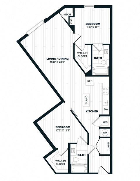 Floor plan for 2 beds, 2 baths, 1099 sqft