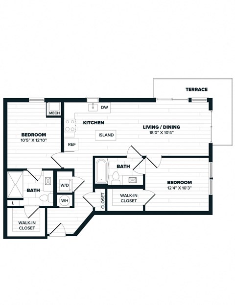 Floor plan for 2 beds, 2 baths, 953 sqft