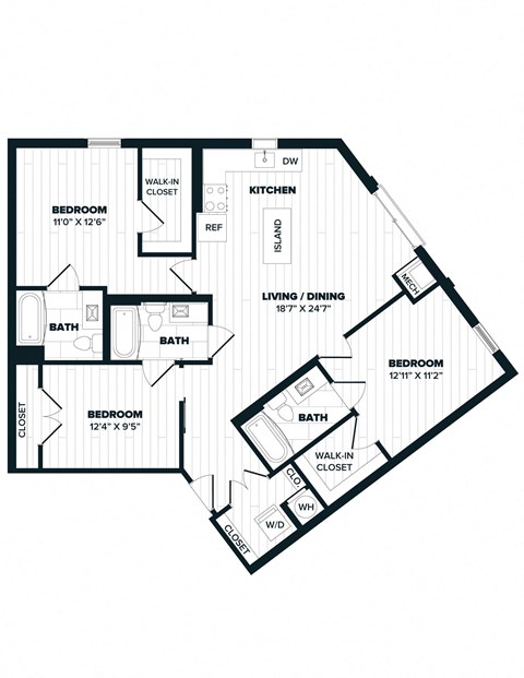 Floor plan for 3 beds, 3 baths, 1230 sqft