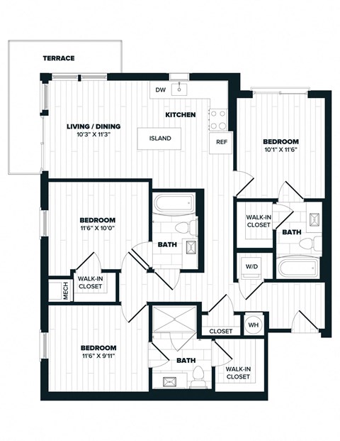 Floor plan for 3 beds, 3 baths, 1147 sqft