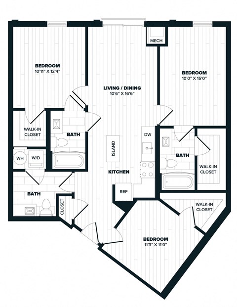 Floor plan for 3 beds, 3 baths, 1127 sqft