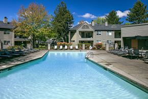 Hillsboro apartment for rent - Hillsboro, OR, Apartments with In-Unit Washer and Dryer - Terraces at Tanasbourne - A Swimming Pool With Lounge Chairs, Trees, And View Of Two-Story Residential Buildings.
