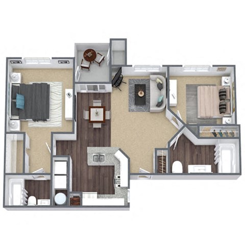 Floor plan for 2 beds, 2 baths, 971 sqft
