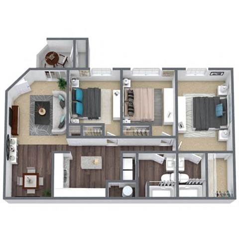 Floor plan for 3 beds, 2 baths, 1081 sqft