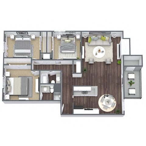 Floor plan for 3 beds, 2 baths, 1175 sqft