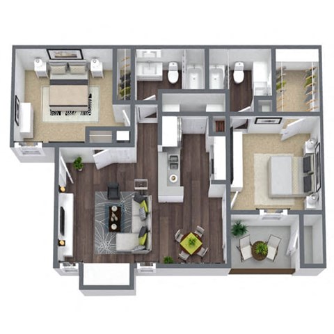 Floor plan for 2 beds, 2 baths, 960 sqft