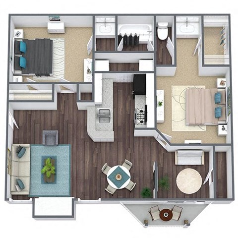 Floor plan for 2 beds, 1 bath, 917 sqft