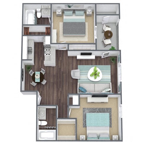 Floor plan for 2 beds, 2 baths, 873 sqft