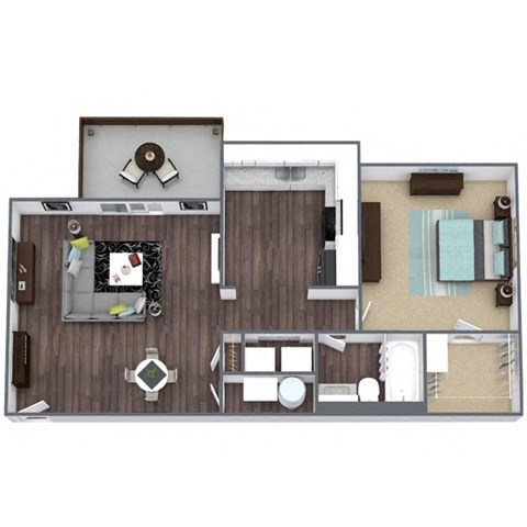 Floor plan for 1 bed, 1 bath, 674 sqft